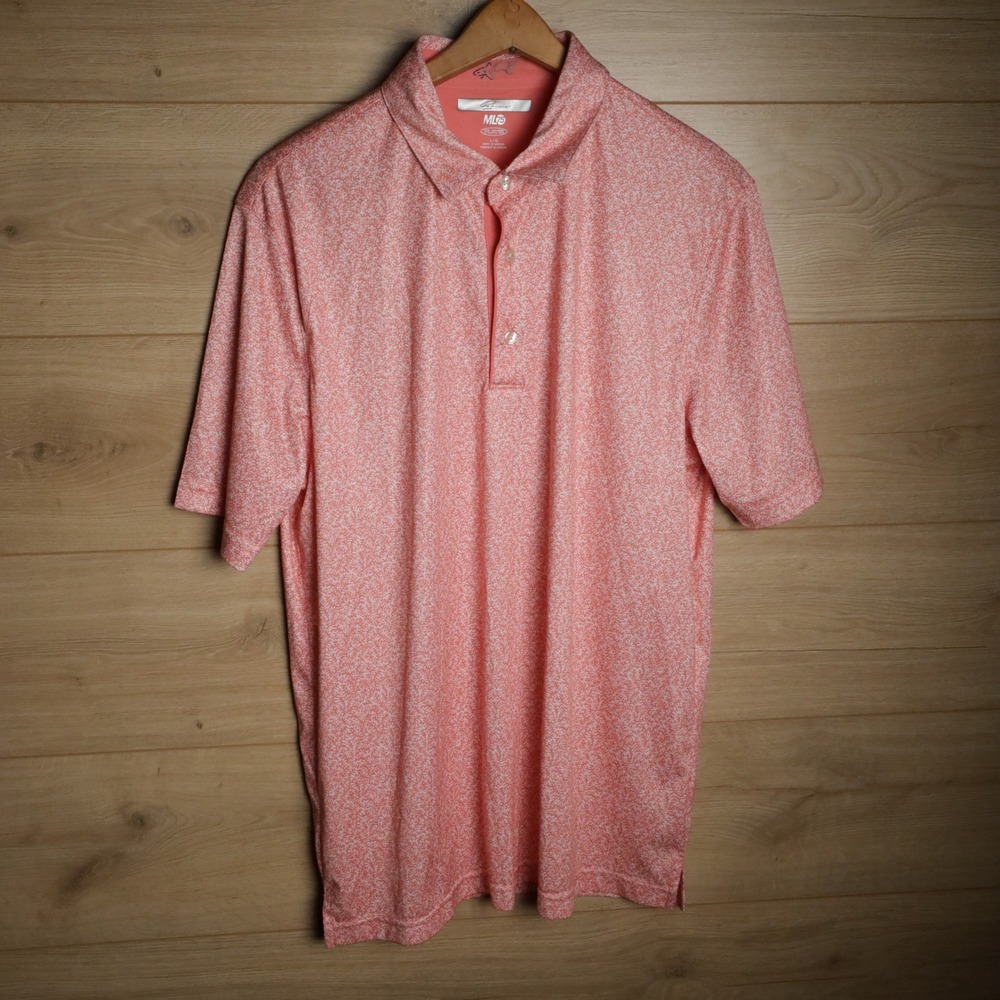Greg‎ Norman ML75 Play Dry Coral Leaf Print Short Sleeve Polo Shirt Men's Large